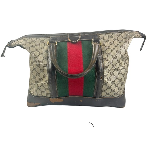 Gucci Vintage Beige and Brown Canvas Travel Bag with Red and Green Stripes - Picture 1 of 13